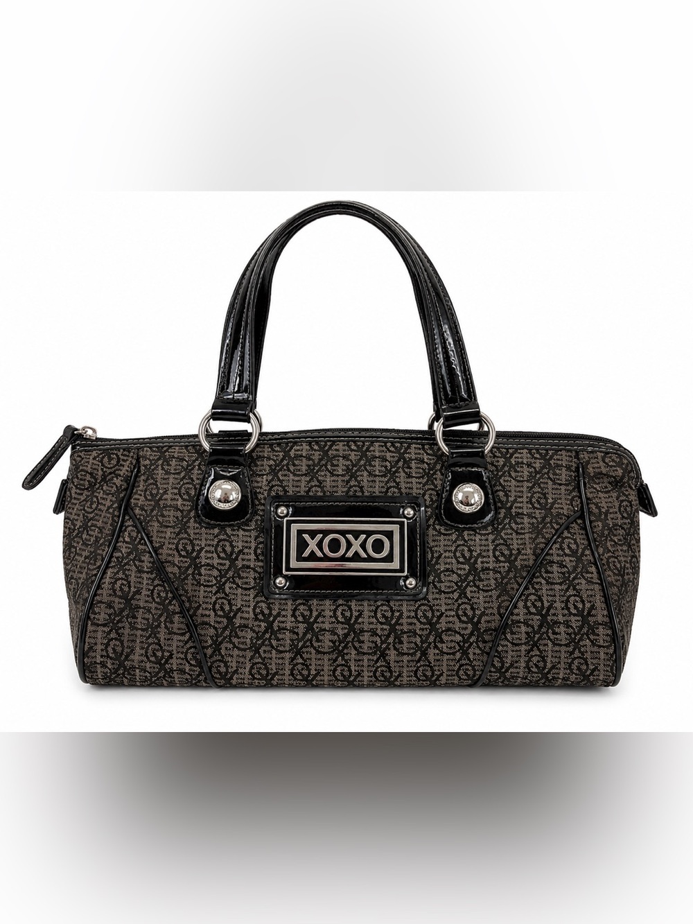 XOXO Monogram Barrel Satchel Shoulder Bag Black & Gray Y2K Patent Trim Purse